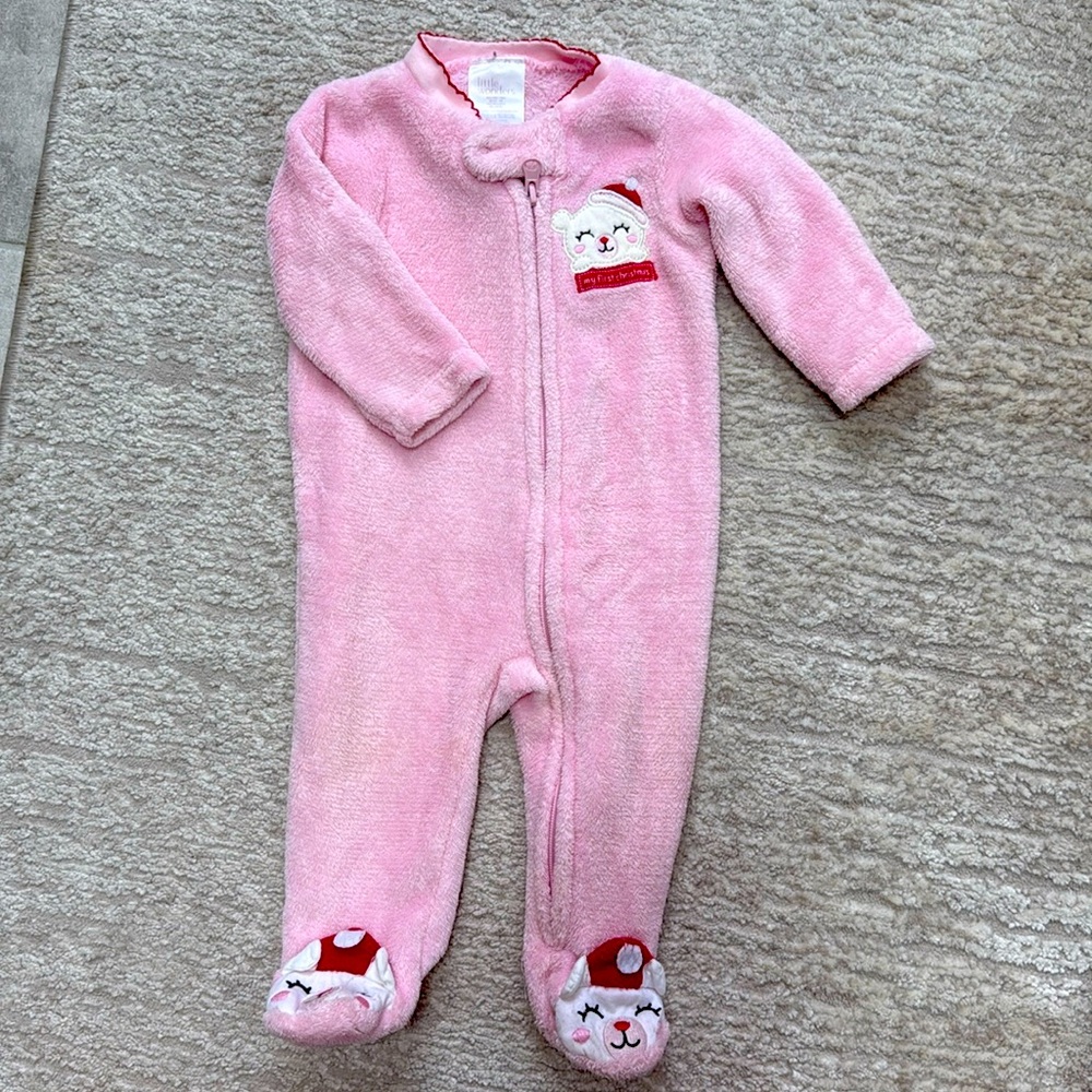 Gently Worn Little Wonders Baby's First Christmas Pink Velvety Onesie - 6-9 M